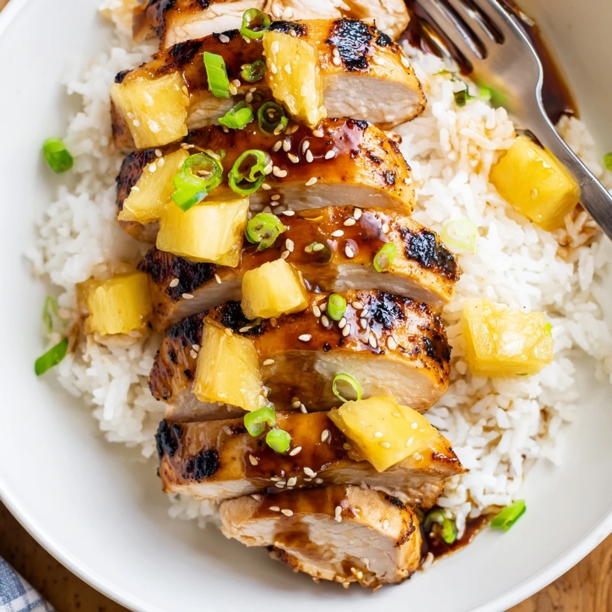 Grilled Hawaiian Chicken With Coconut Rice on plate, juicy chicken and tropical pineapple glaze