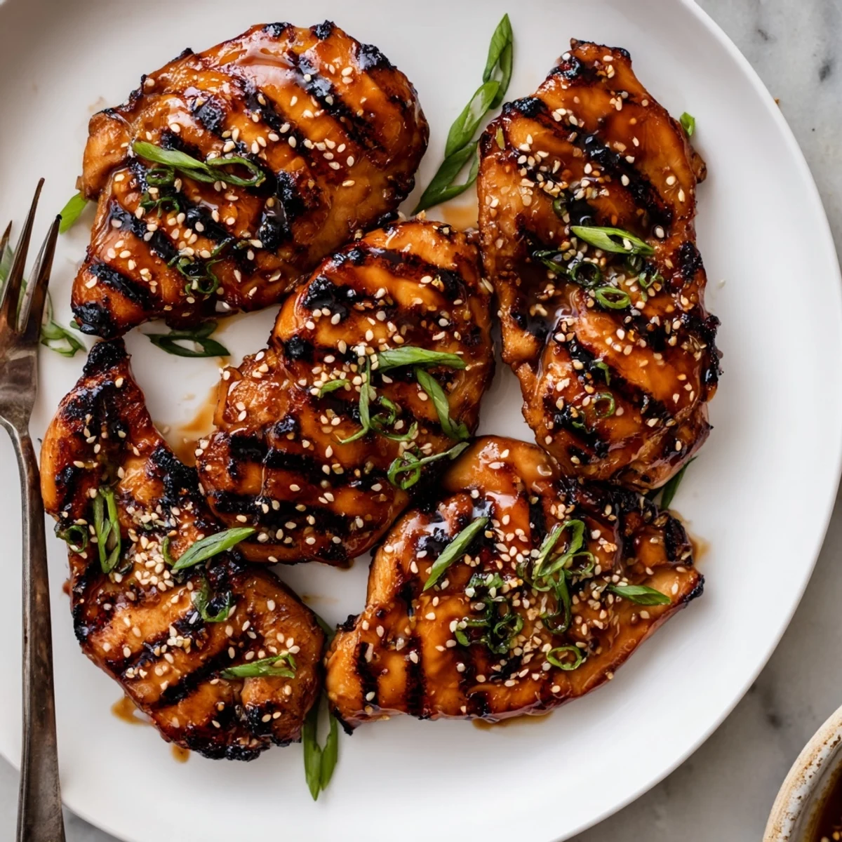 Juicy Korean Chicken Thighs glazed and caramelized, garnished with sesame and scallions