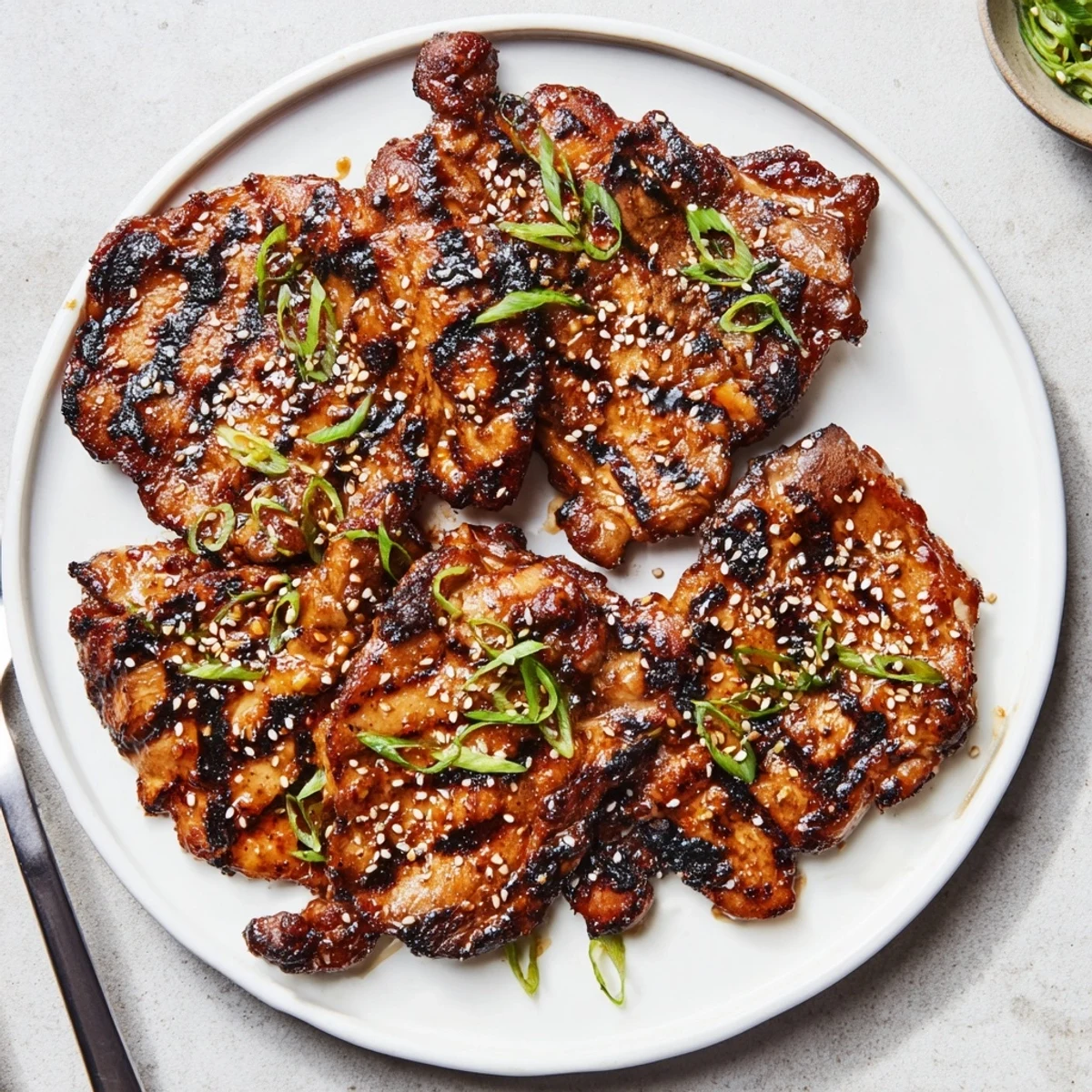 Grilled Juicy Korean Chicken Thighs with sticky gochujang honey glaze, crunchy sesame