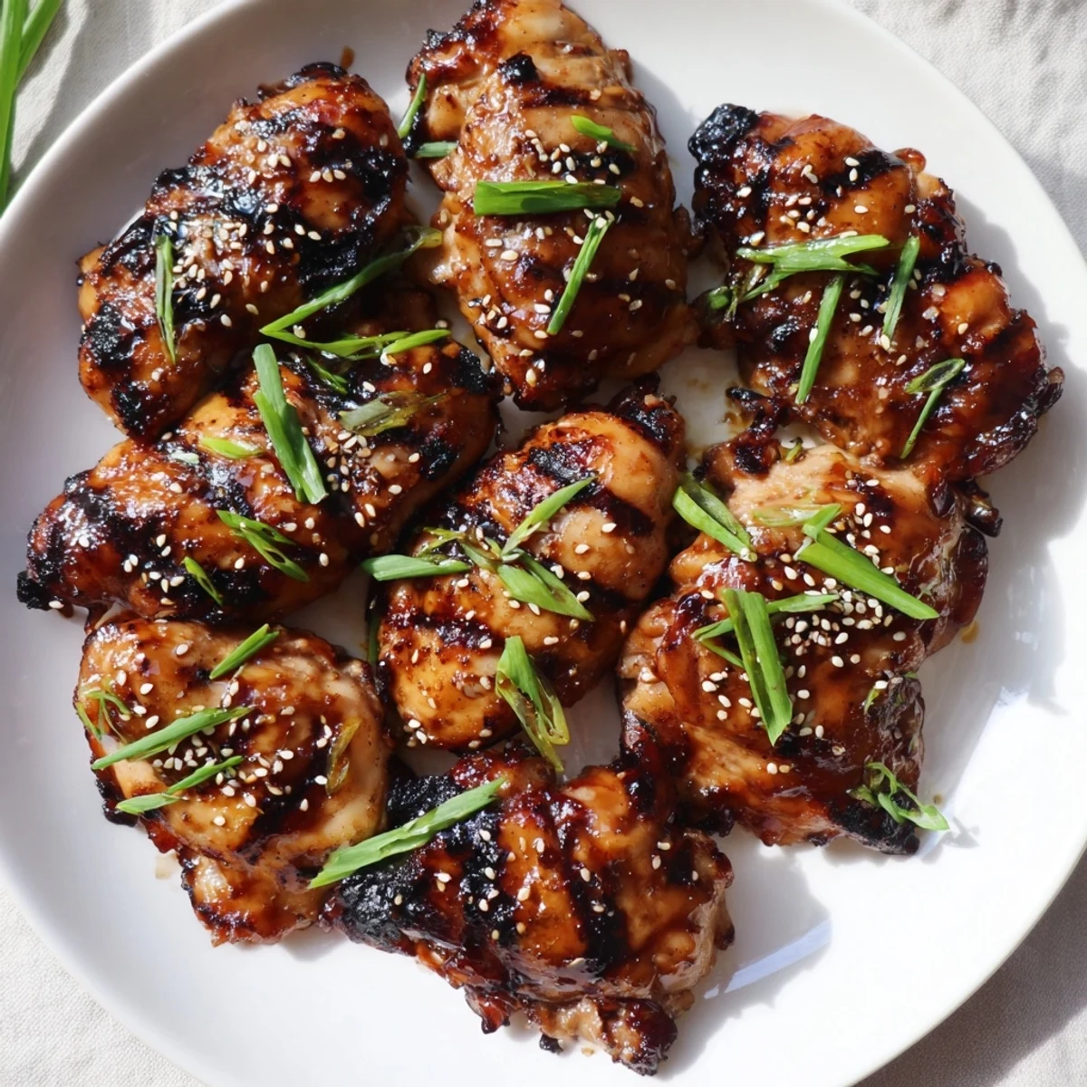 A platter of Juicy Korean Chicken Thighs steaming, served with rice and kimchi