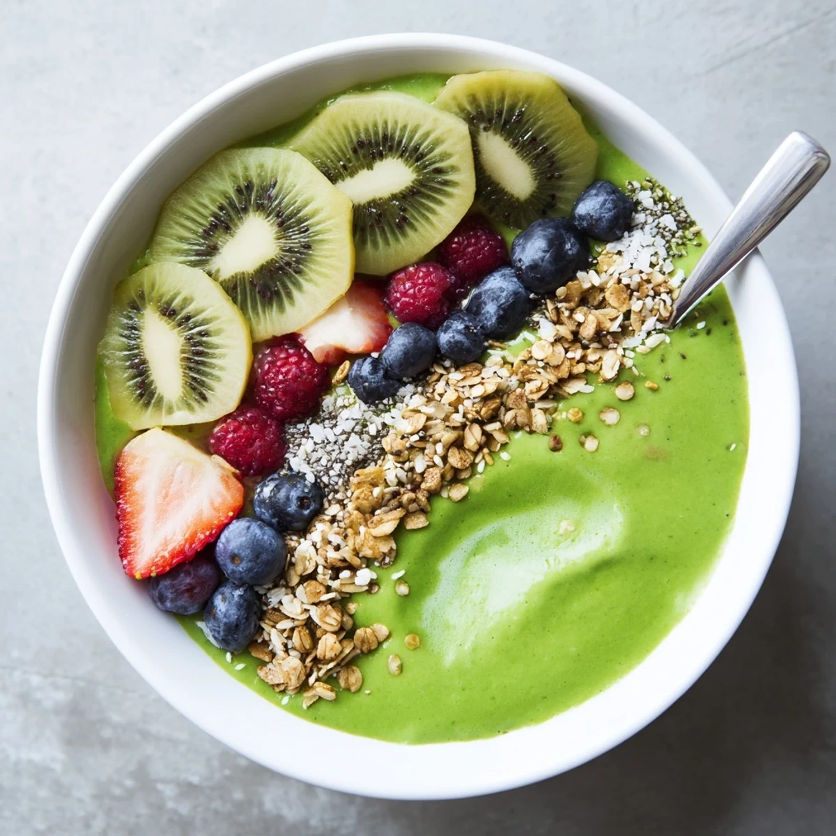 Green Smoothie Bowls topped with crunchy granola, kiwi, and berries.
