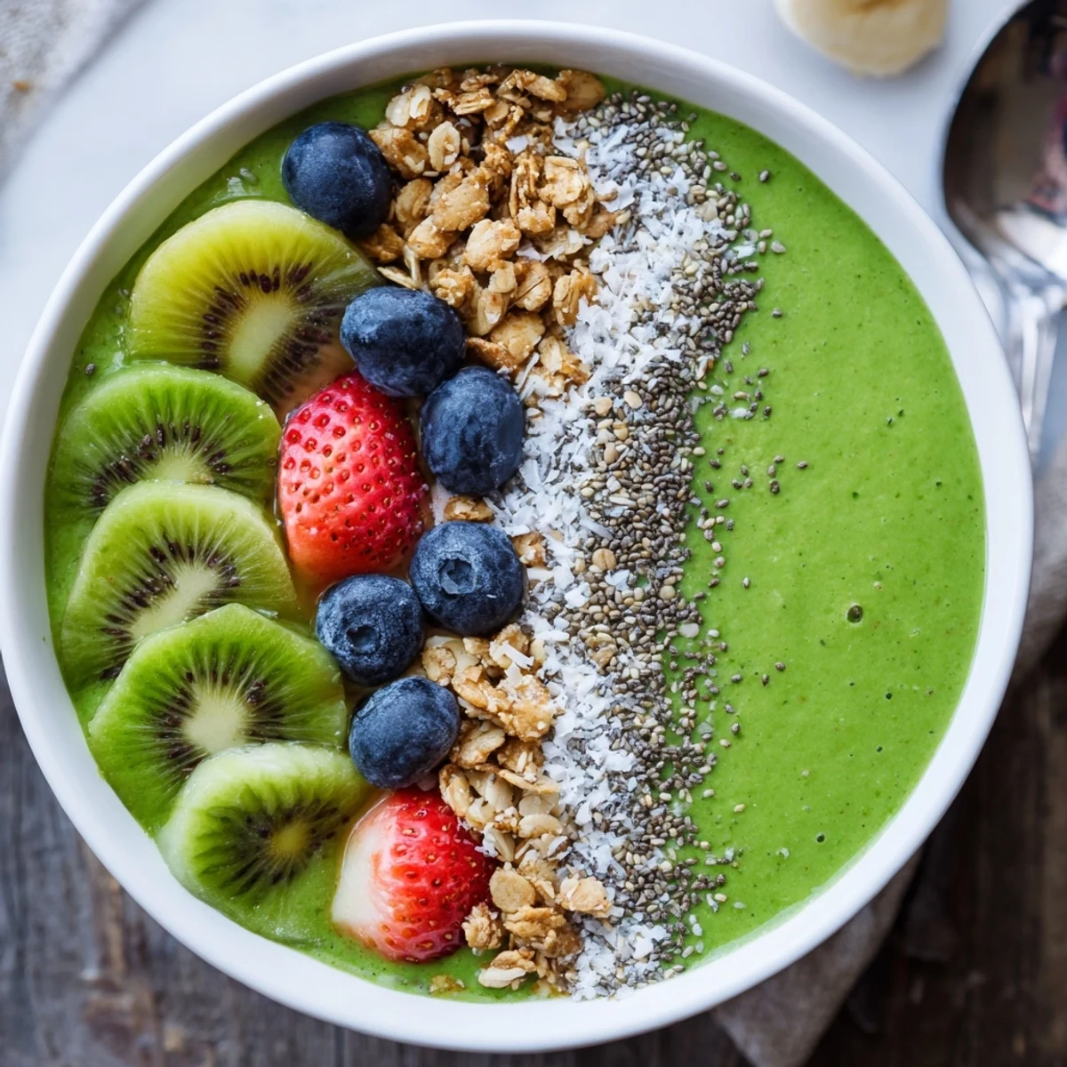 Creamy Green Smoothie Bowls swirled bright green, served with coconut flakes.