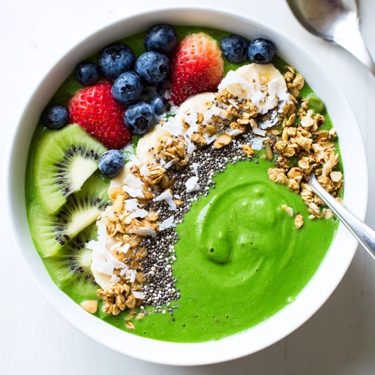 Two Green Smoothie Bowls spoon-ready, velvety spinach-mango base with chia.