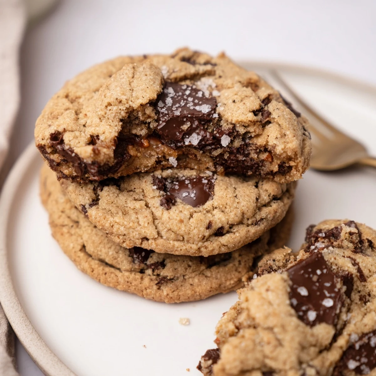 Stacked Brown Butter Chocolate Chip Cookies chilled briefly, sprinkled with flaky sea salt