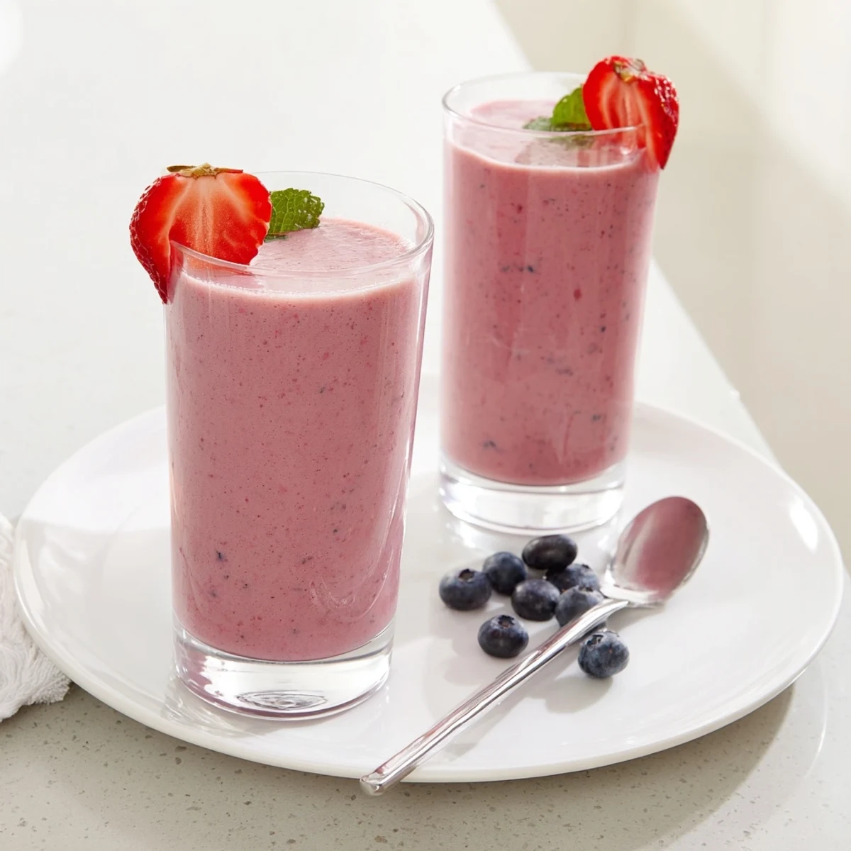 Creamy Summer Berry Smoothie in tall glass, topped with fresh berries