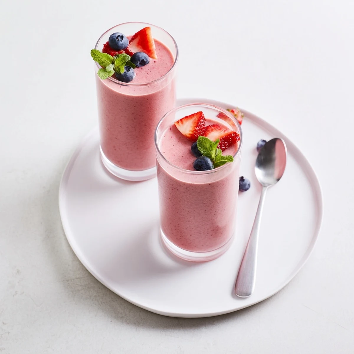 Two glasses of Summer Berry Smoothie, creamy almond milk base, ready to sip