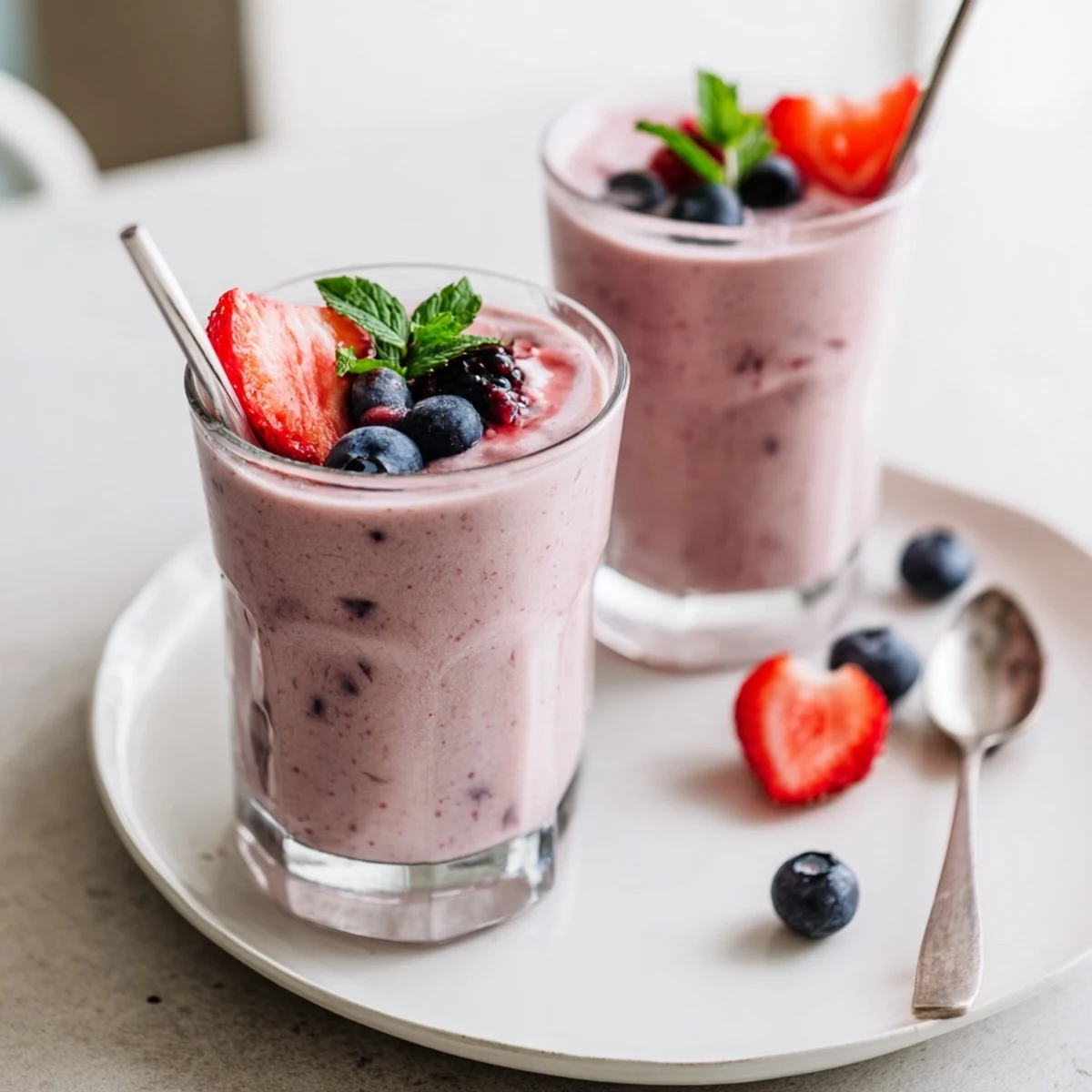Chilled Summer Berry Smoothie beside blender, vibrant red-pink color, garnished with mint