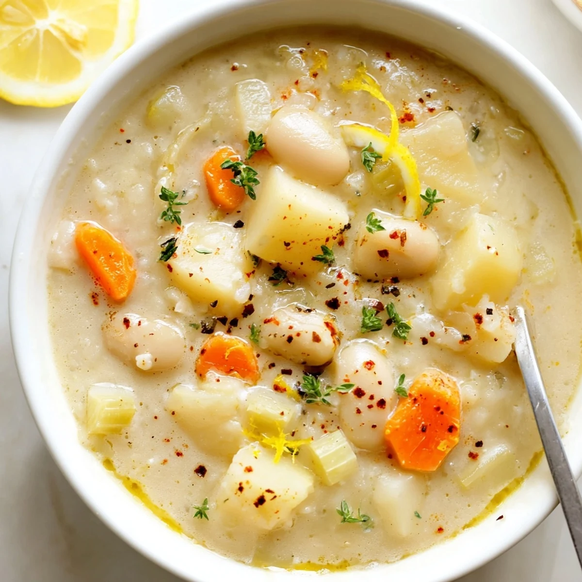 Cozy Lemon White Bean Potato Soup steaming in bowl, creamy, bright lemon aroma.