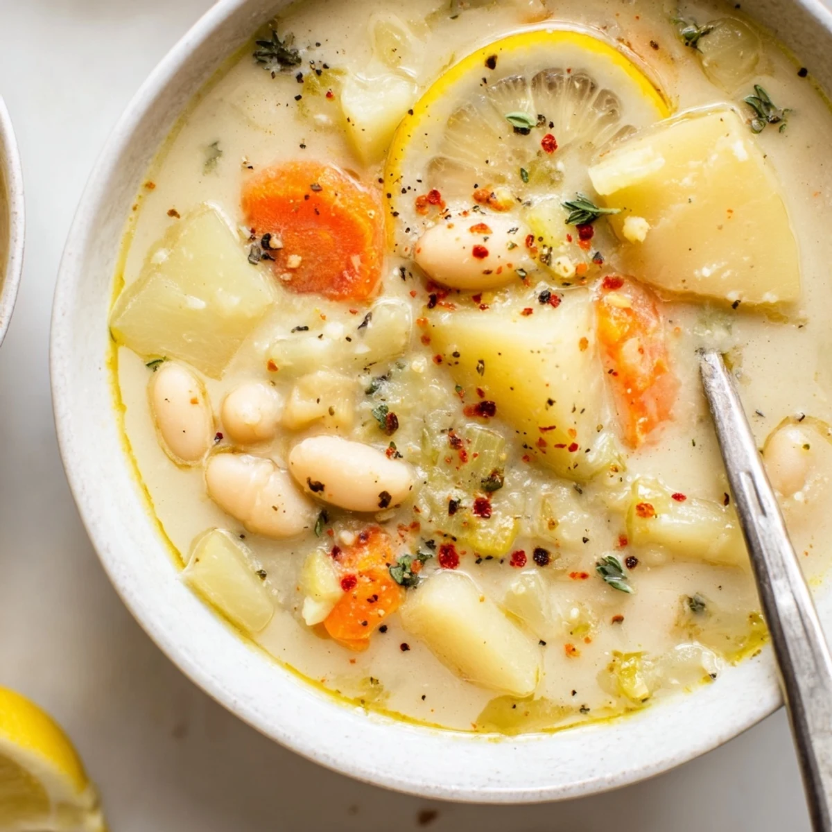 Bowl of Cozy Lemon White Bean Potato Soup garnished with parsley, crusty bread.