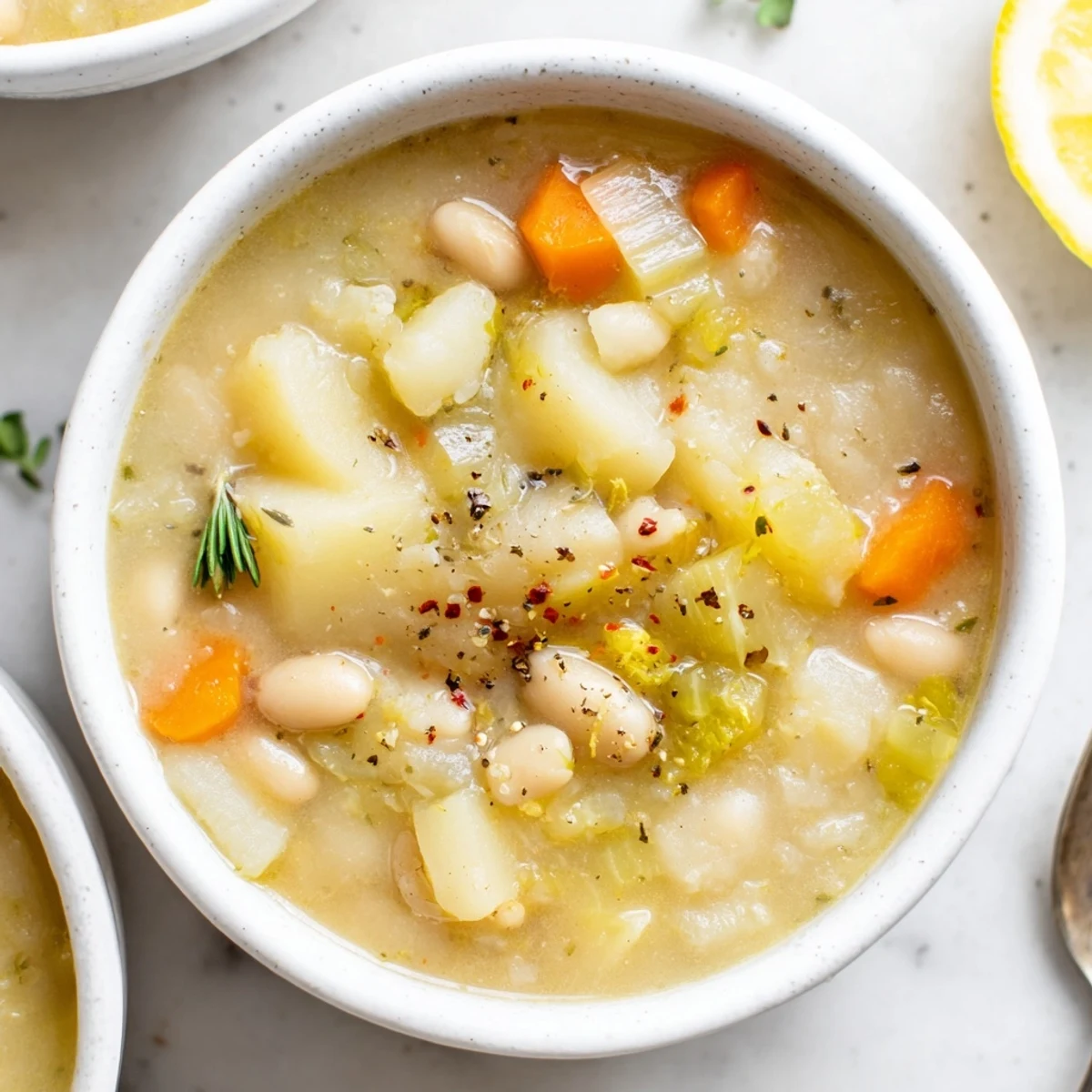 A warm bowl of Cozy Lemon White Bean Potato Soup topped with lemon slice.
