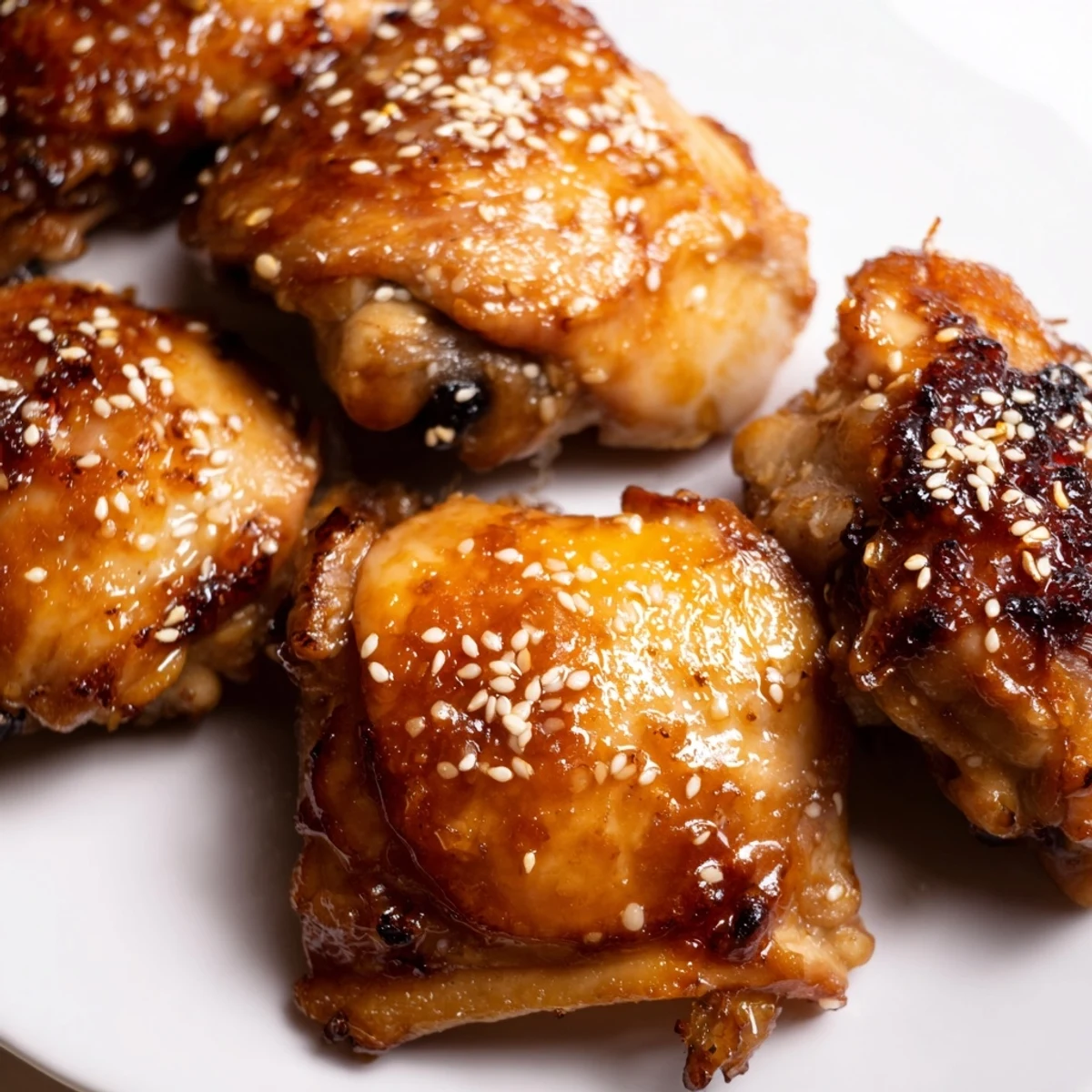 Golden oven-roasted bone in teriyaki chicken thighs with glossy sticky glaze and green onions