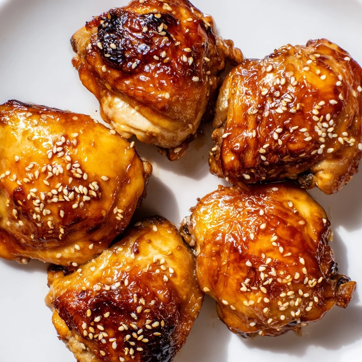 Savory sweet Japanese bone in teriyaki chicken thighs plated with steamed rice and sesame seeds