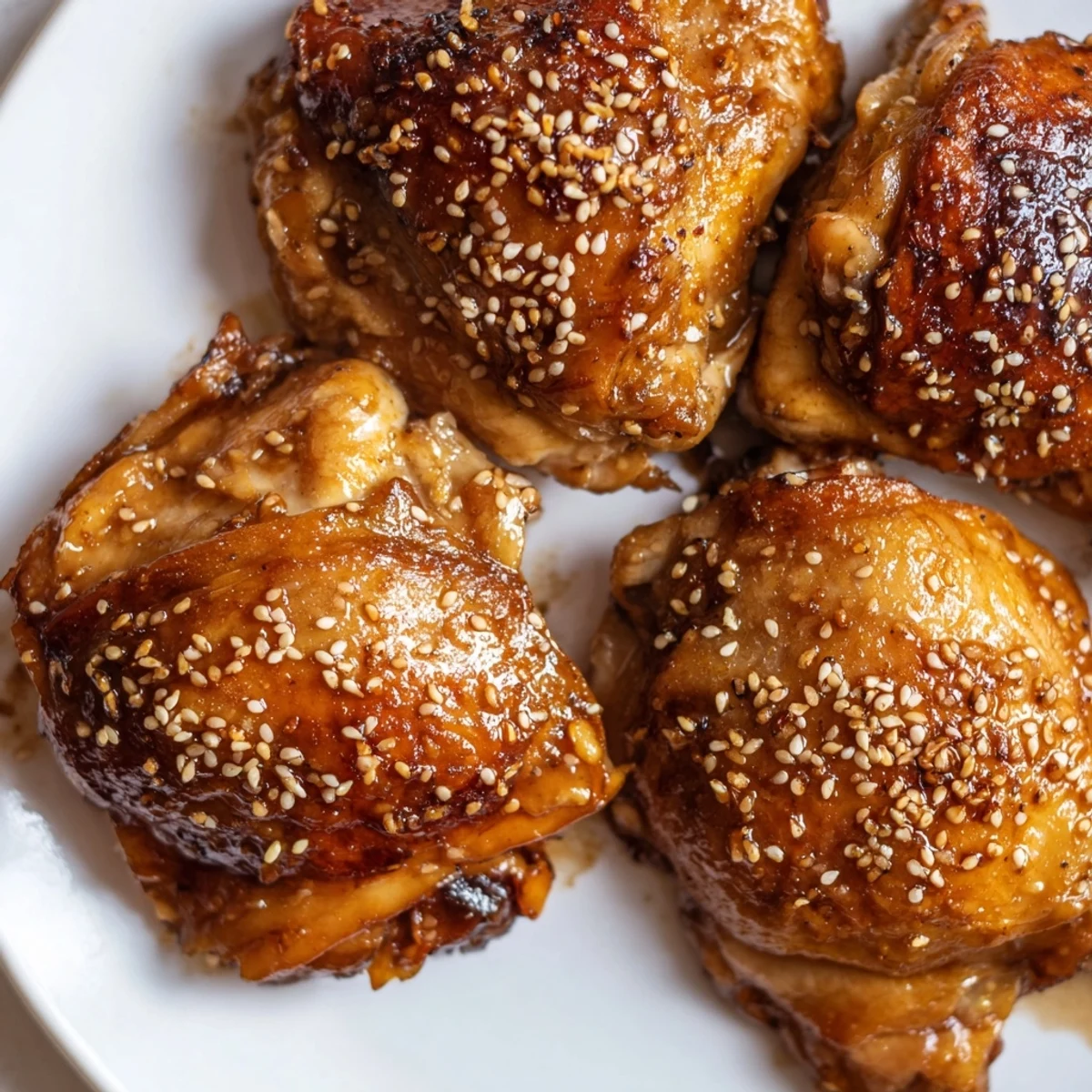 Juicy bone in teriyaki chicken thighs brushed with caramelized sauce on a white serving platter