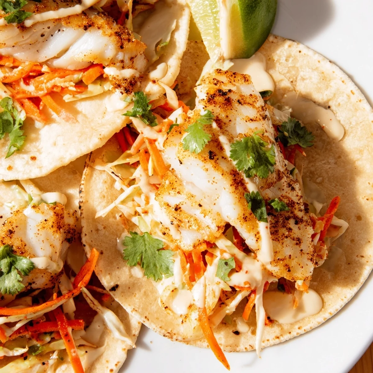 Baked cod fish tacos topped with colorful cabbage slaw and creamy lime crema drizzle