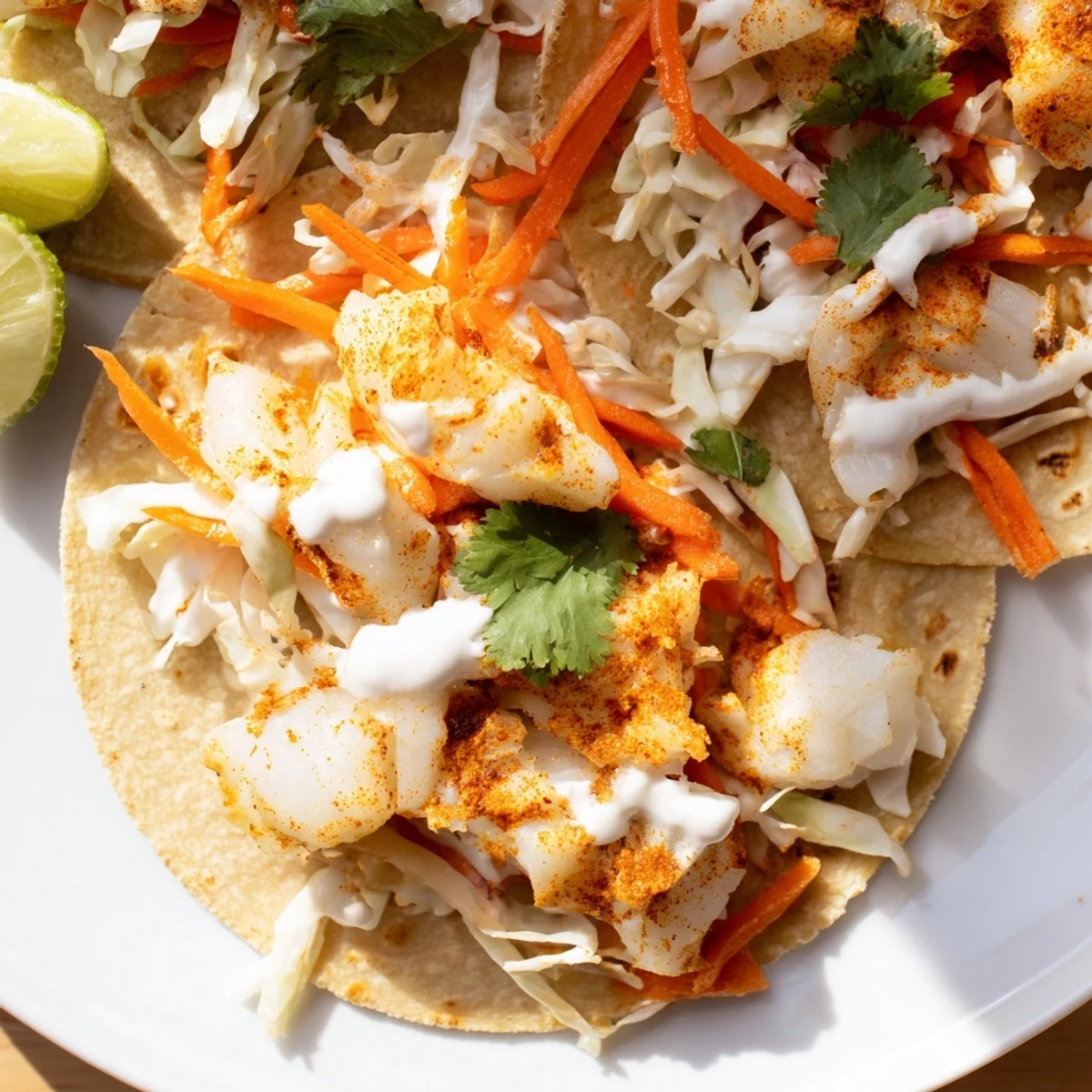 Flaky baked cod fish tacos piled high with crisp slaw and zesty crema sauce