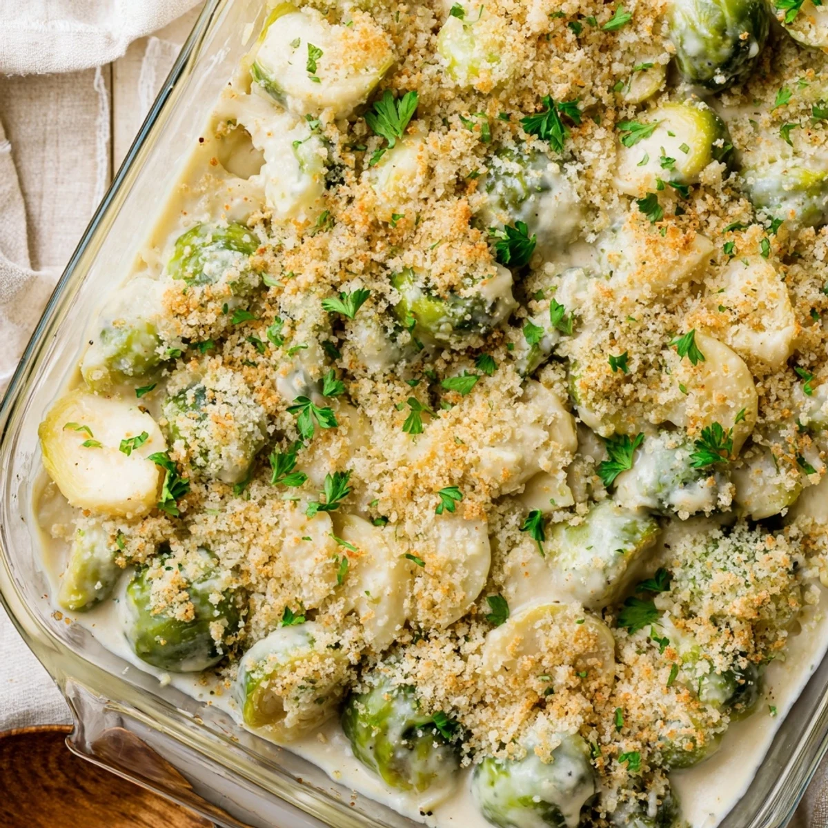 Golden creamy Parmesan Brussels sprouts casserole topped with bubbly melted cheese and crispy panko breadcrumbs