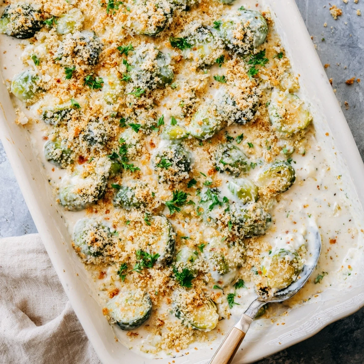 Creamy Parmesan Brussels sprouts casserole dish fresh from oven with golden brown crust and steam rising