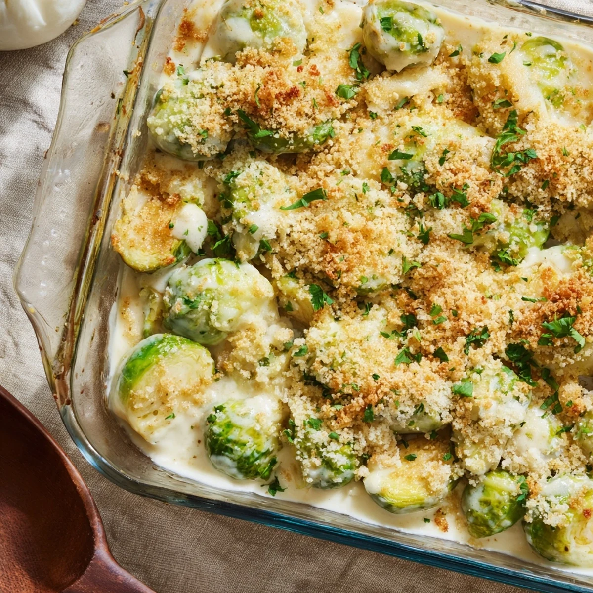 Baked Brussels sprouts casserole with tender green halves smothered in rich white cheese sauce and parsley garnish