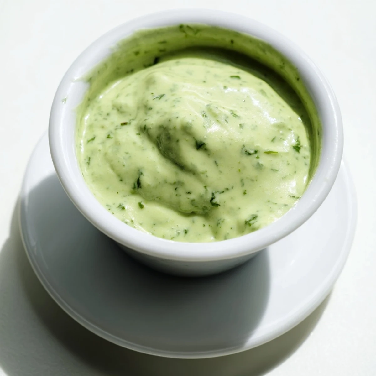 Smooth homemade creamy cilantro lime sauce in a white bowl beside fresh cilantro sprigs