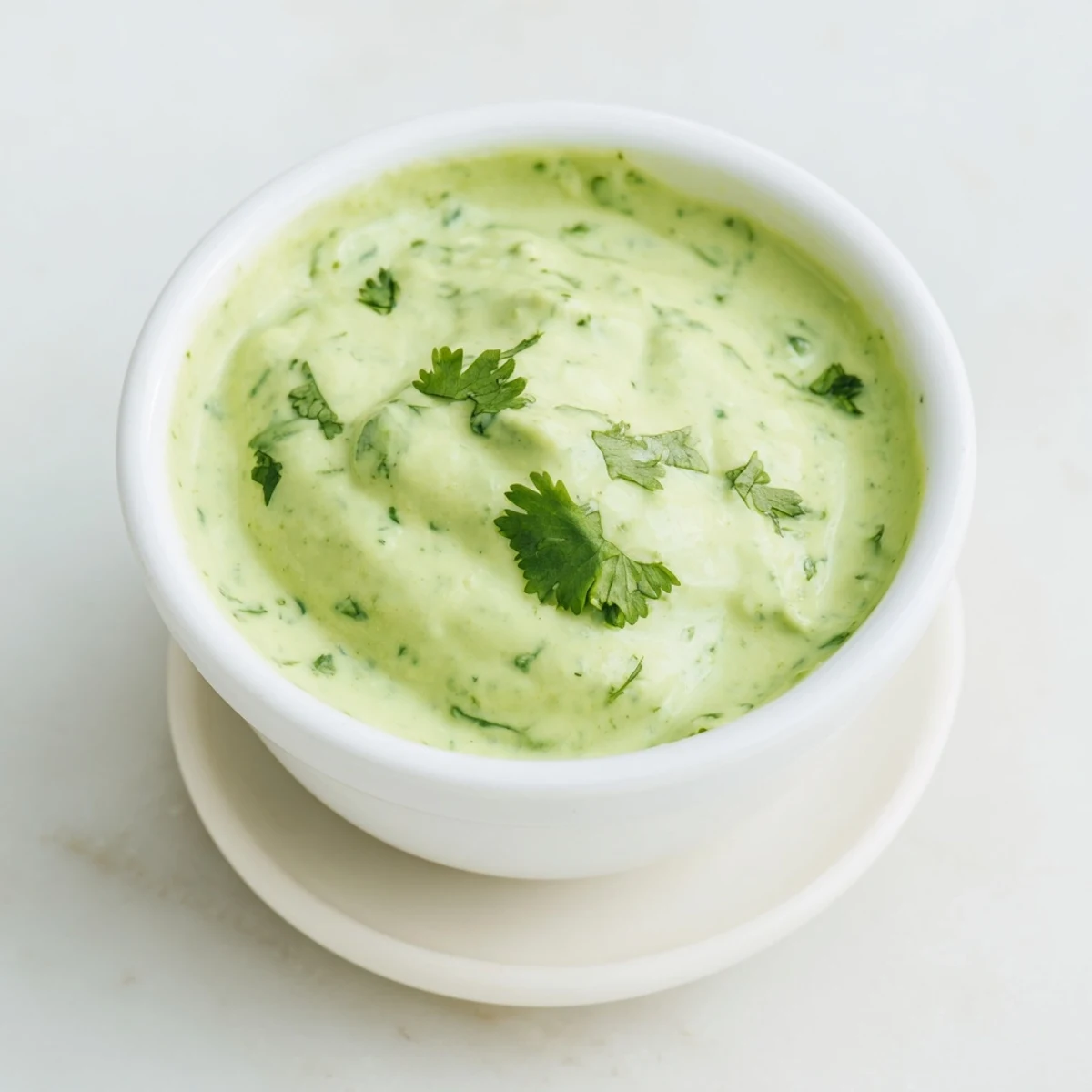Creamy cilantro lime sauce generously spooned onto crispy fish tacos with colorful vegetable toppings