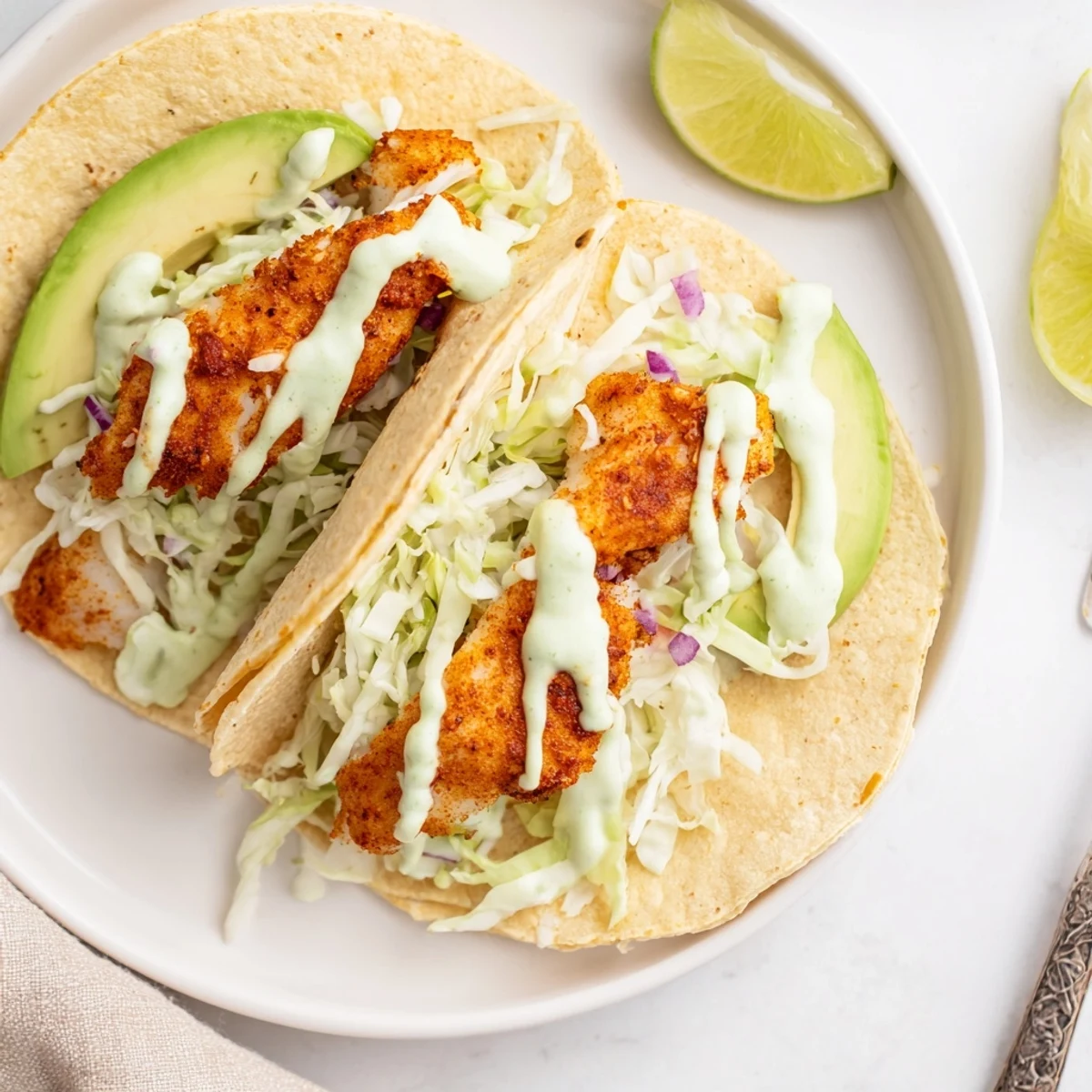 Baked Cod Fish Tacos with Creamy Cilantro Lime Sauce on warm corn tortillas