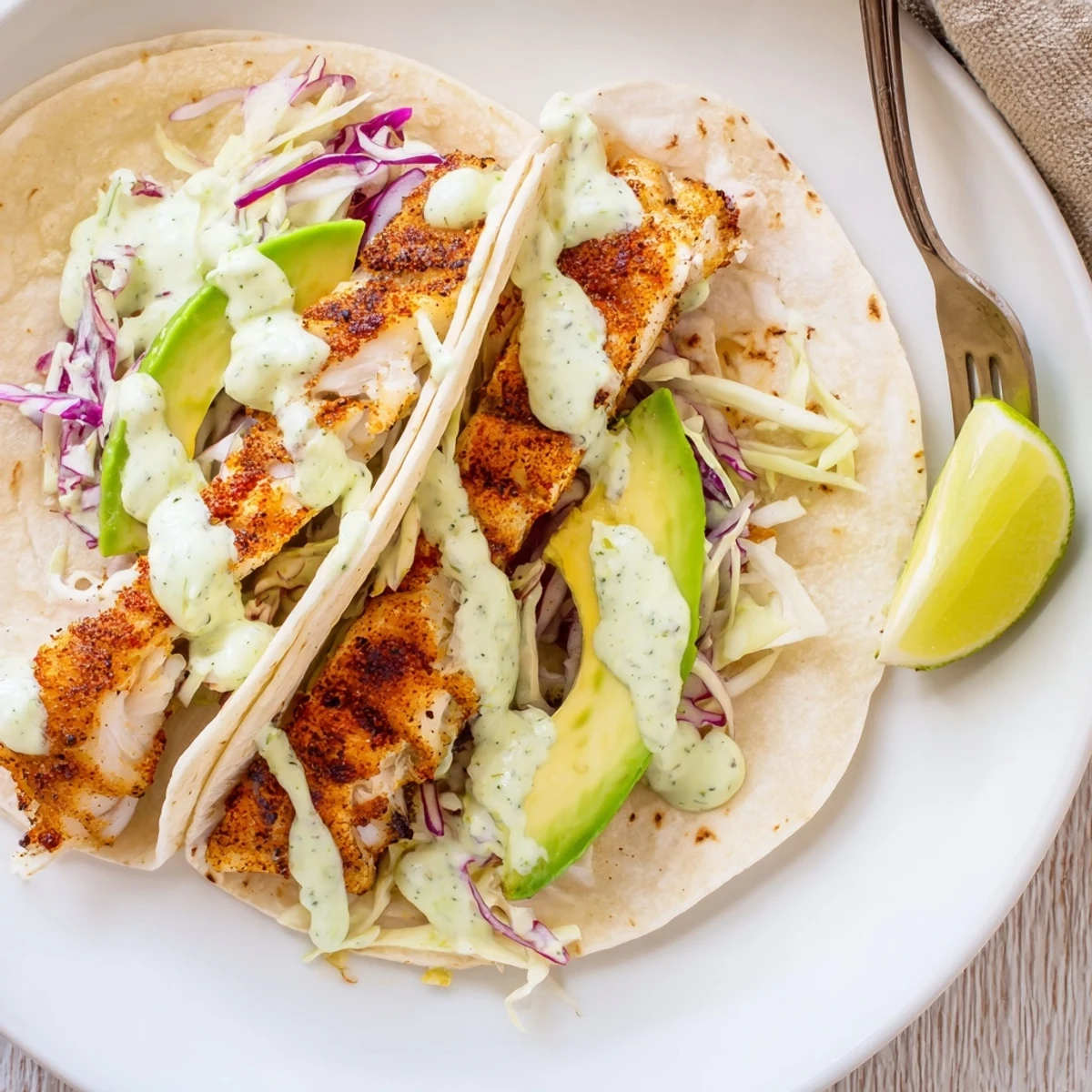 Baked Cod Fish Tacos with Creamy Cilantro Lime Sauce, topped with avocado slices