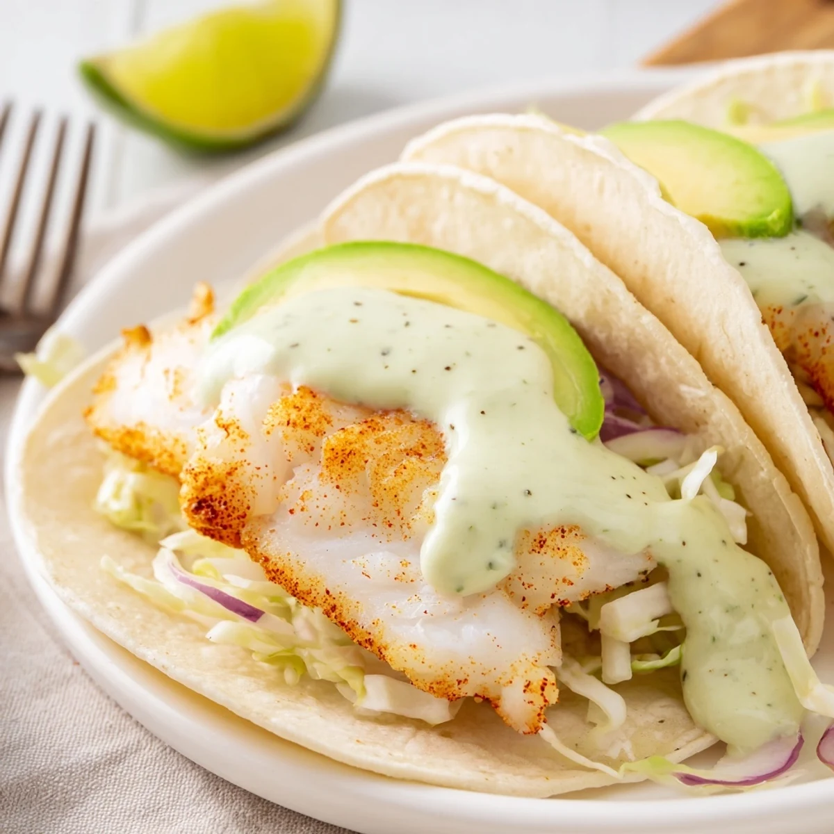 Baked Cod Fish Tacos with Creamy Cilantro Lime Sauce drizzled over crisp cabbage
