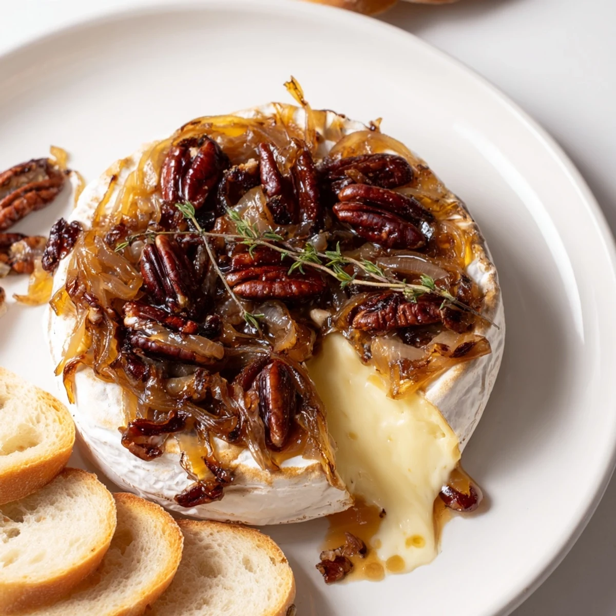 Baked Brie with Caramelized Onions and Pecans, warm melty center and fragrant thyme  