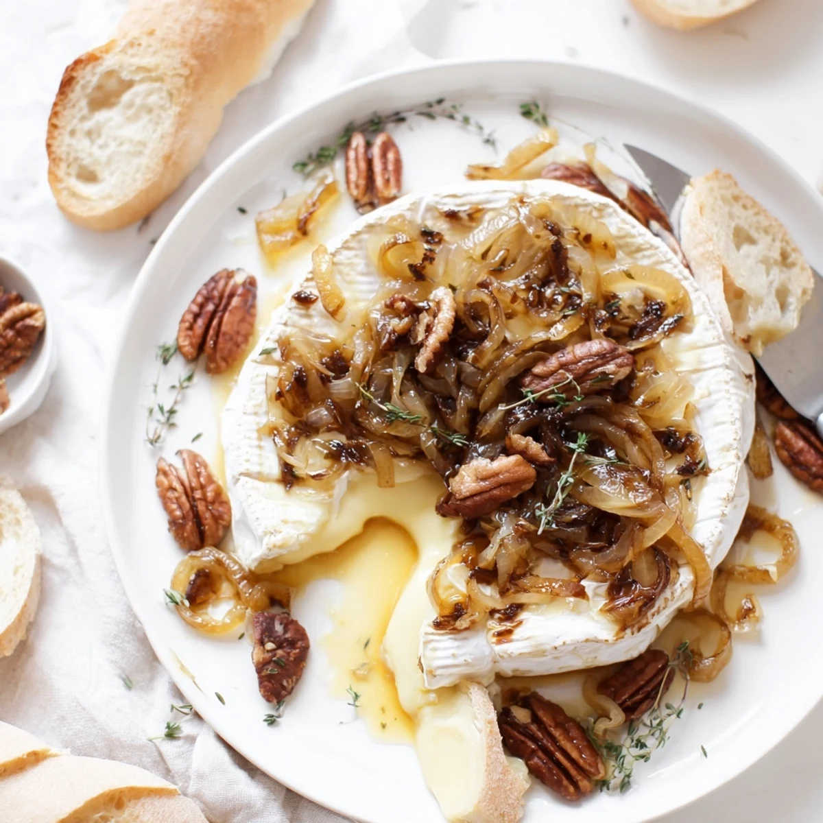 Spoon-ready Baked Brie with Caramelized Onions and Pecans, paired with crisp sliced baguette  