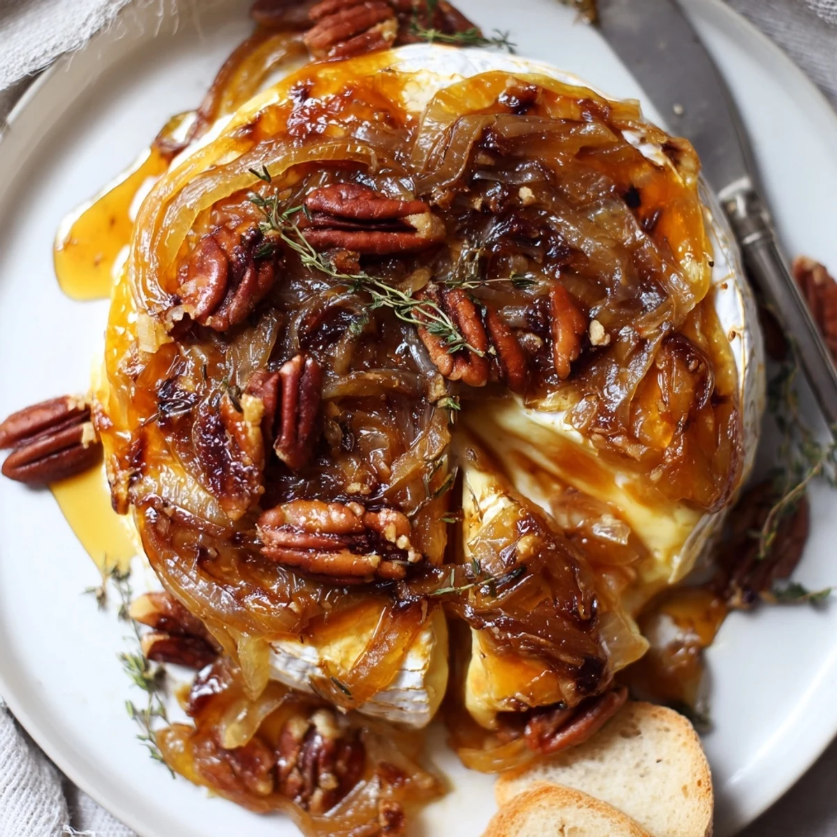 Oven-browned Baked Brie with Caramelized Onions and Pecans, sweet-savory aroma, sliceable wedges