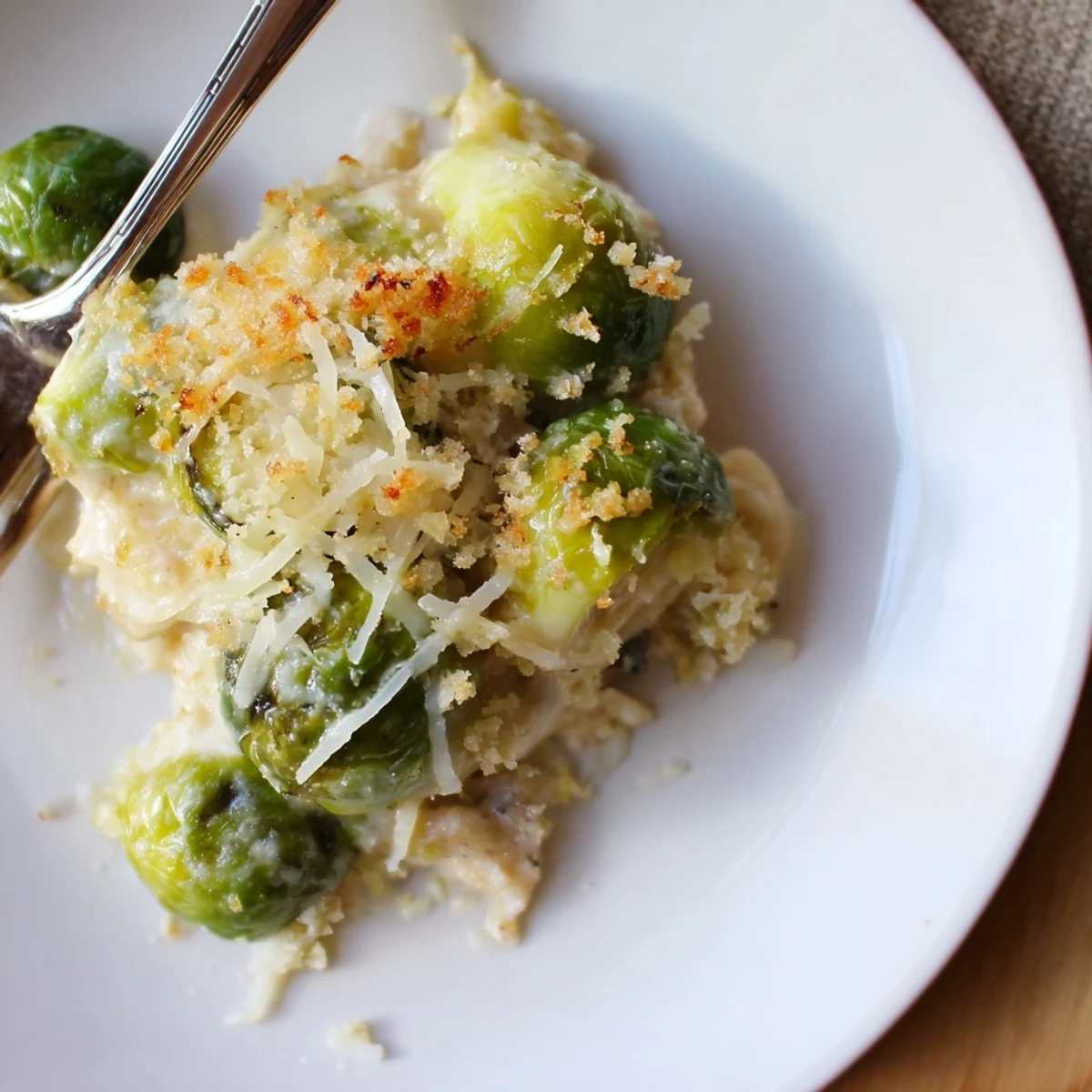 Creamy Parmesan Brussels Sprouts Casserole bubbling golden, crunchy panko topping, ready to serve