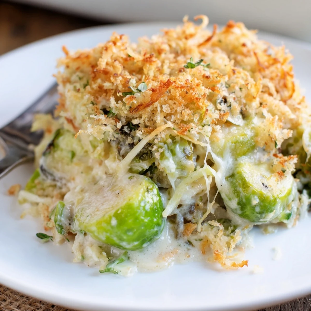 Oven-baked Creamy Parmesan Brussels Sprouts Casserole with silky sauce and browned edges