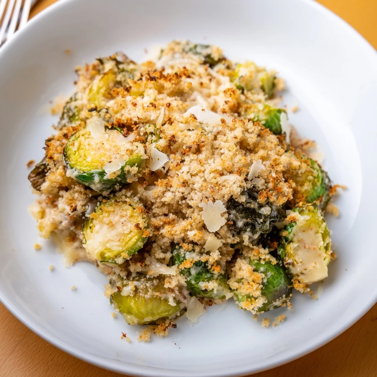 Holiday-style Creamy Parmesan Brussels Sprouts Casserole, tender halved veggies in buttery, cheesy sauce