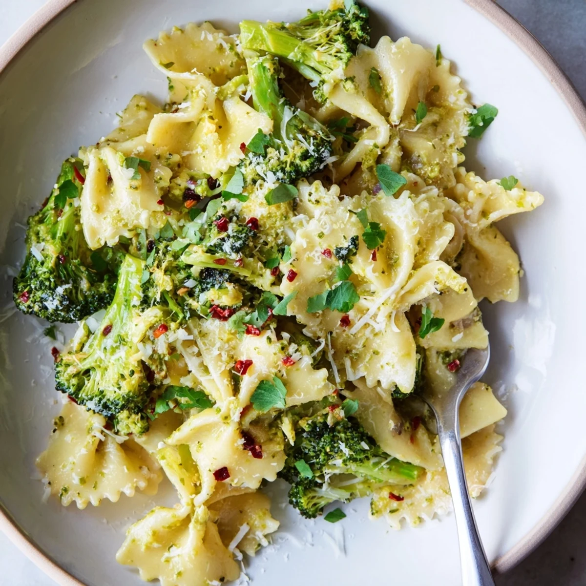 Creamy Mafaldine Limone Broccoli Pasta glistening with lemon butter sauce on a white plate