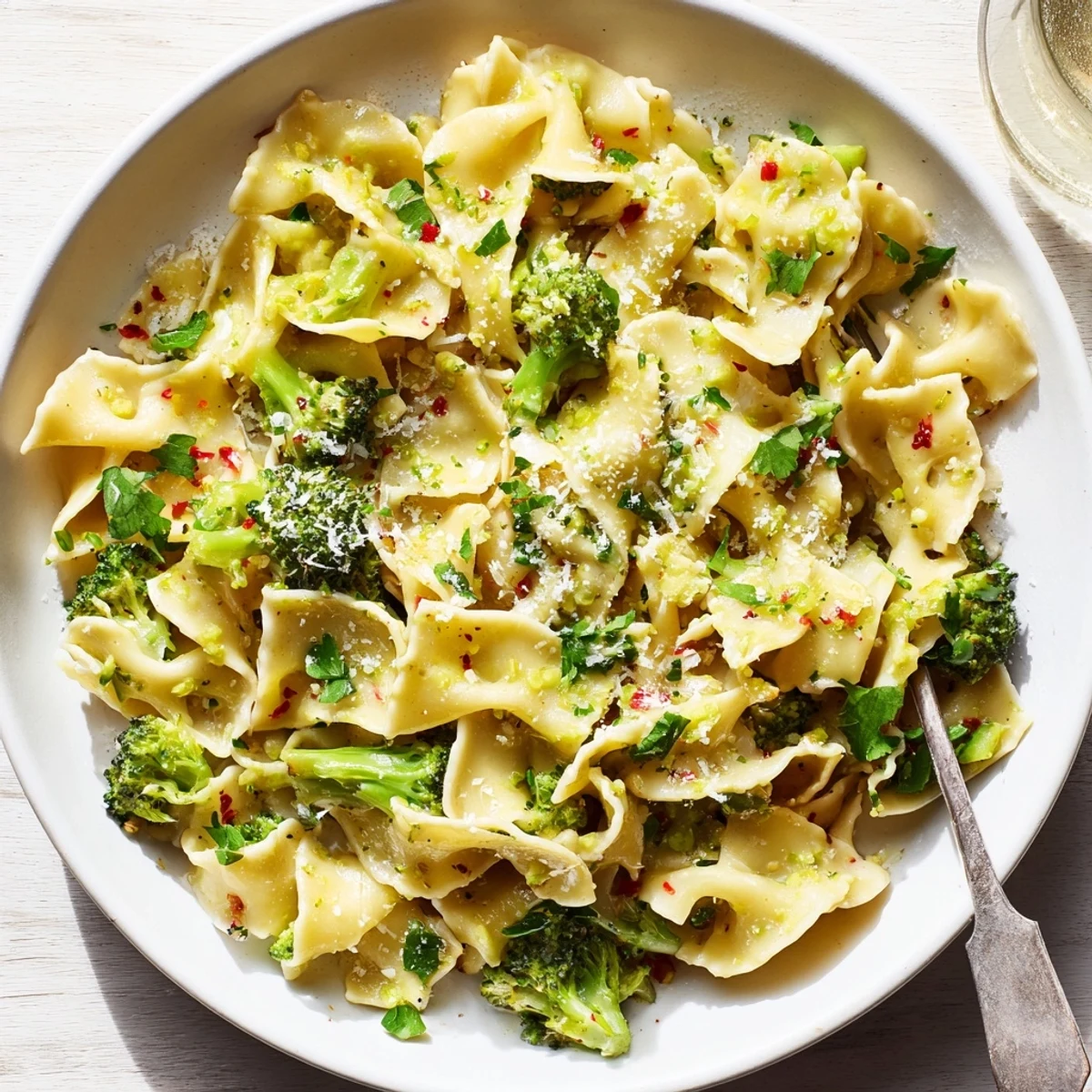 Steaming bowl of Mafaldine Limone Broccoli Pasta topped with fresh parsley and Parmesan shavings