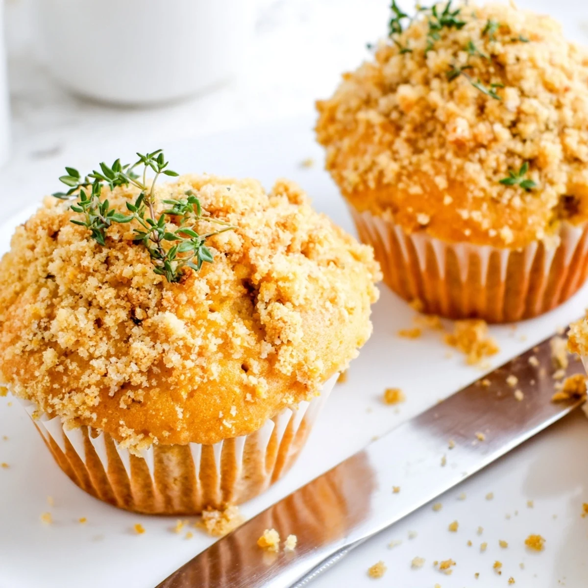 Golden lemon orange honey muffins with thyme crumble fresh from the oven