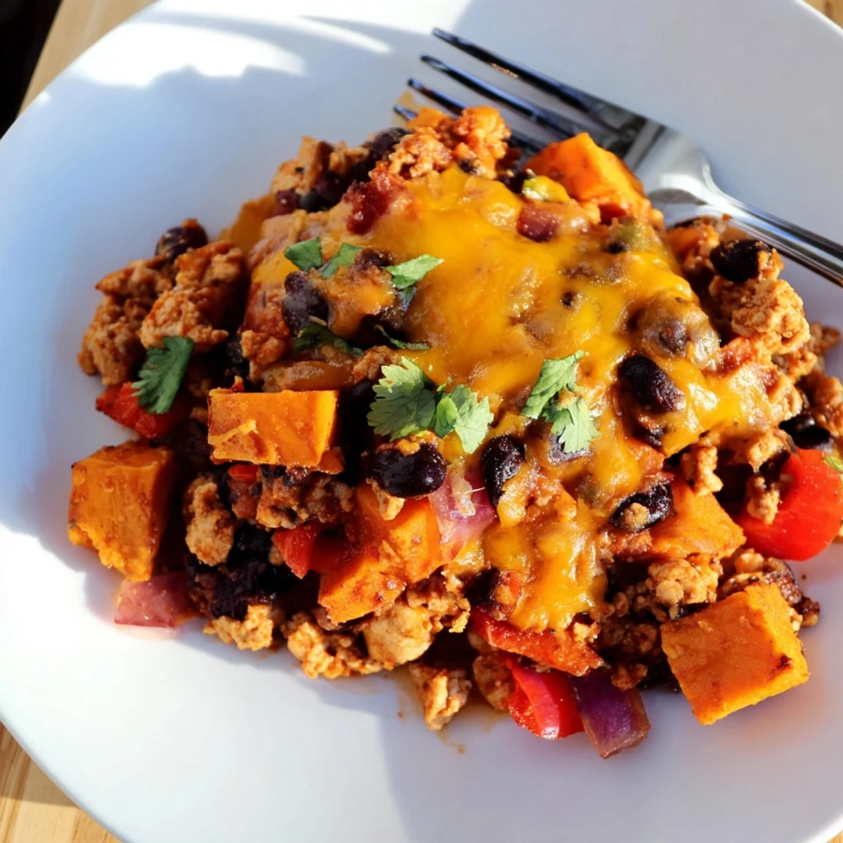 Golden cheesy sweet potato turkey black bean bake fresh from the oven bubbling with melted cheddar