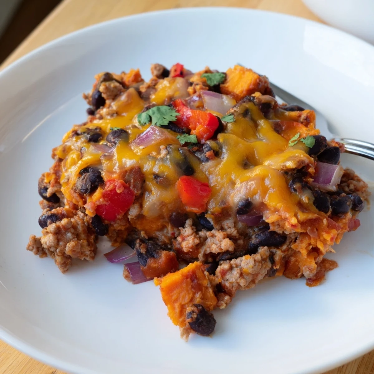 Hearty sweet potato turkey black bean bake served in a rustic casserole dish with cilantro garnish