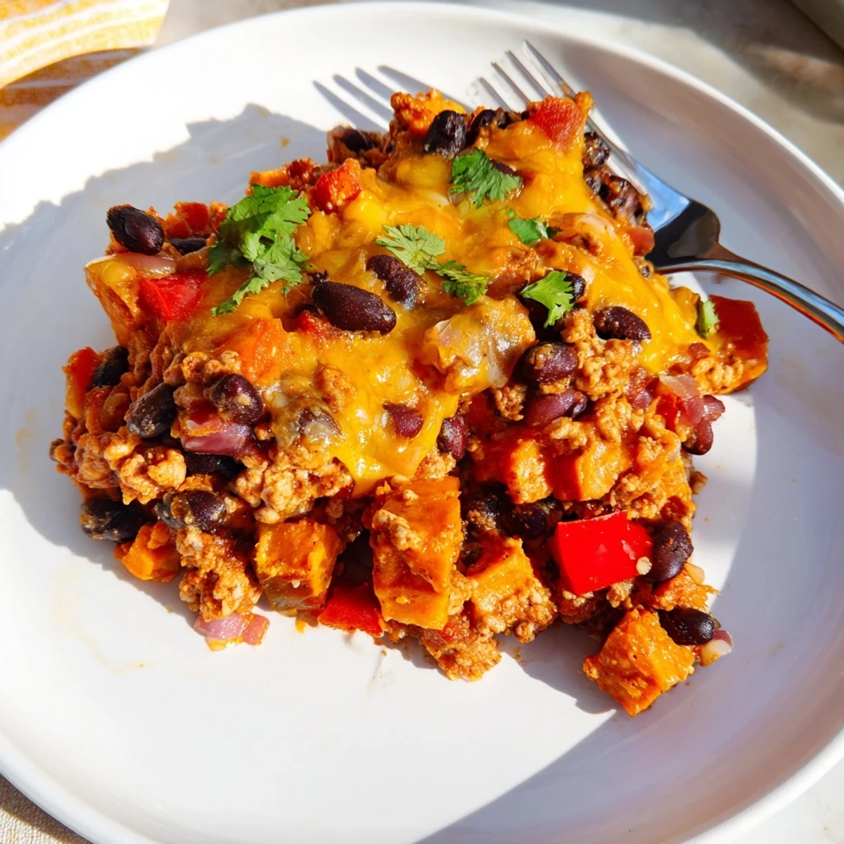 Steaming scoop of sweet potato turkey black bean bake topped with gooey melted cheese and fresh herbs