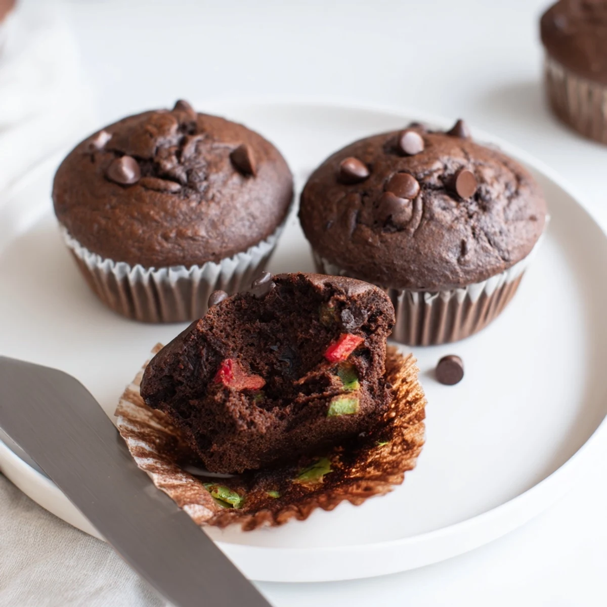Moist chocolate zucchini strawberry muffins topped with melting chocolate chips on rustic parchment