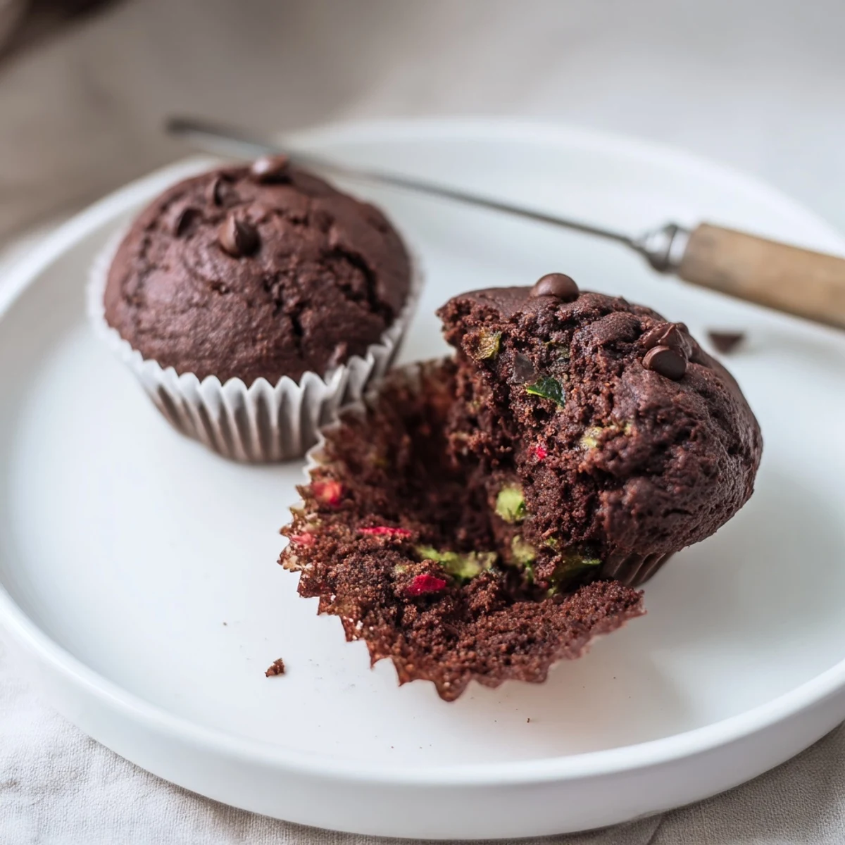 Golden-crumbed chocolate zucchini strawberry muffins with vibrant red berry pieces fresh from oven