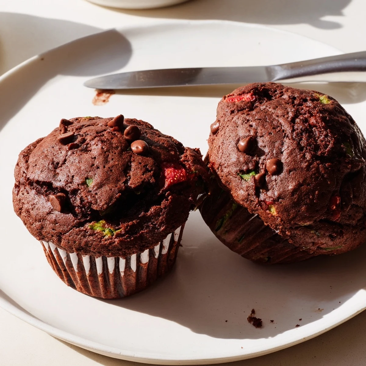 Freshly baked chocolate zucchini strawberry muffins arranged on wire cooling rack with cocoa-dusted tops