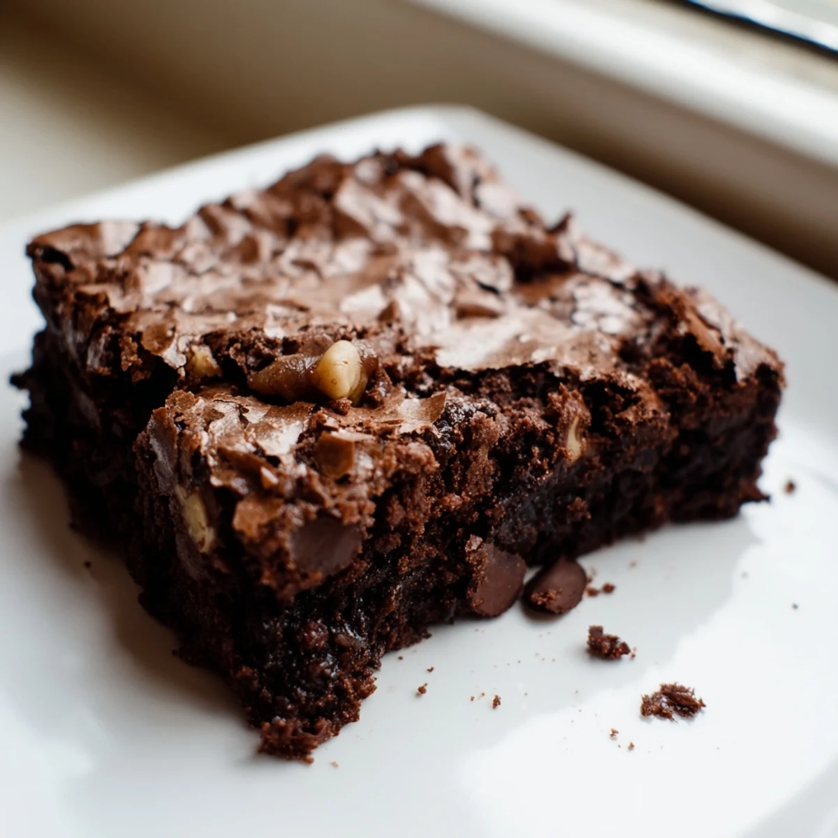 Rich fudgy brownies with a crackly top, dusted with cocoa powder on a rustic cutting board