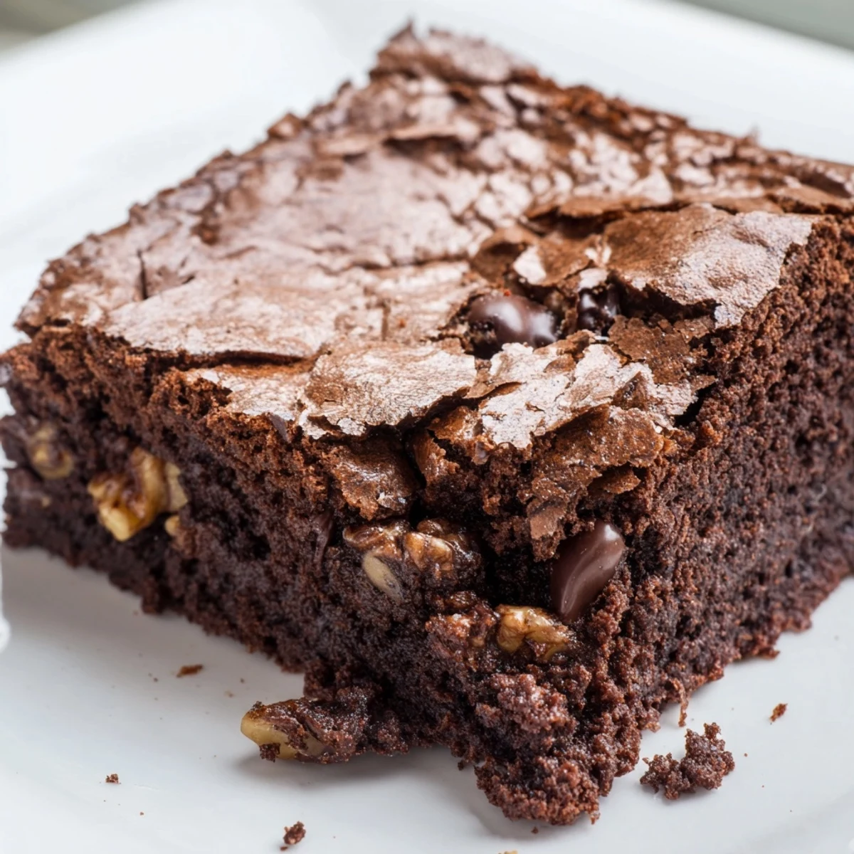 Decadent homemade brownies studded with walnut chunks, cut into thick gooey squares on parchment