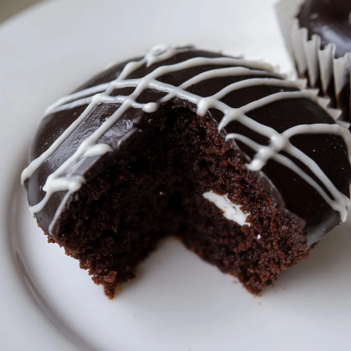 Rich Homemade Hostess Cupcakes topped with shiny glaze and piped decorative swirl