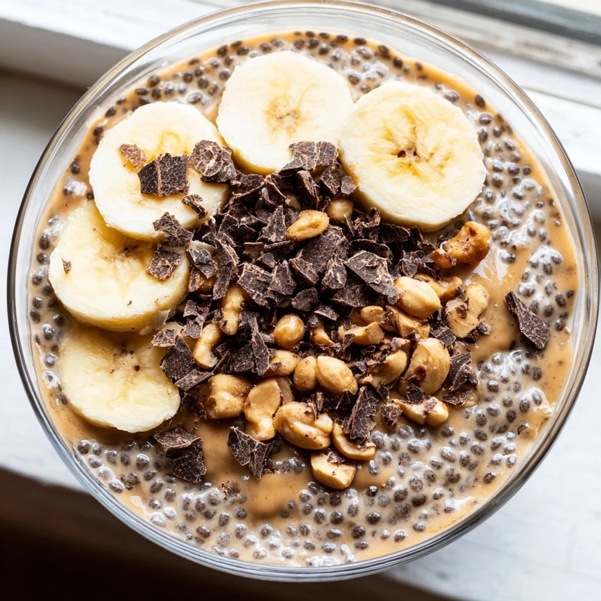 Creamy peanut butter chia pudding topped with sliced banana and roasted peanuts