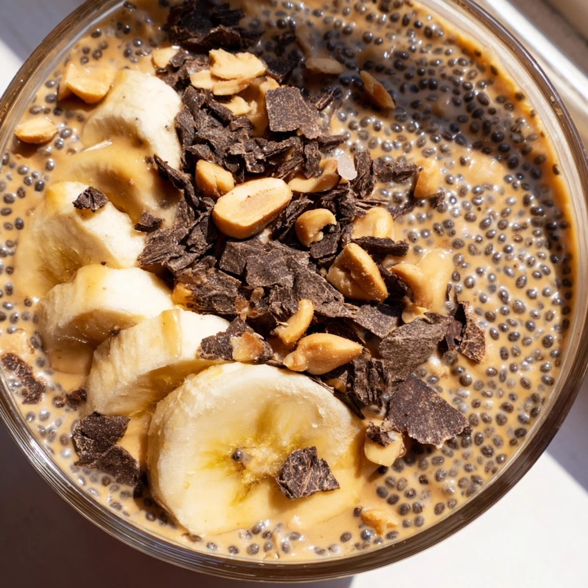 Thick peanut butter chia pudding served in a glass jar with chocolate shavings