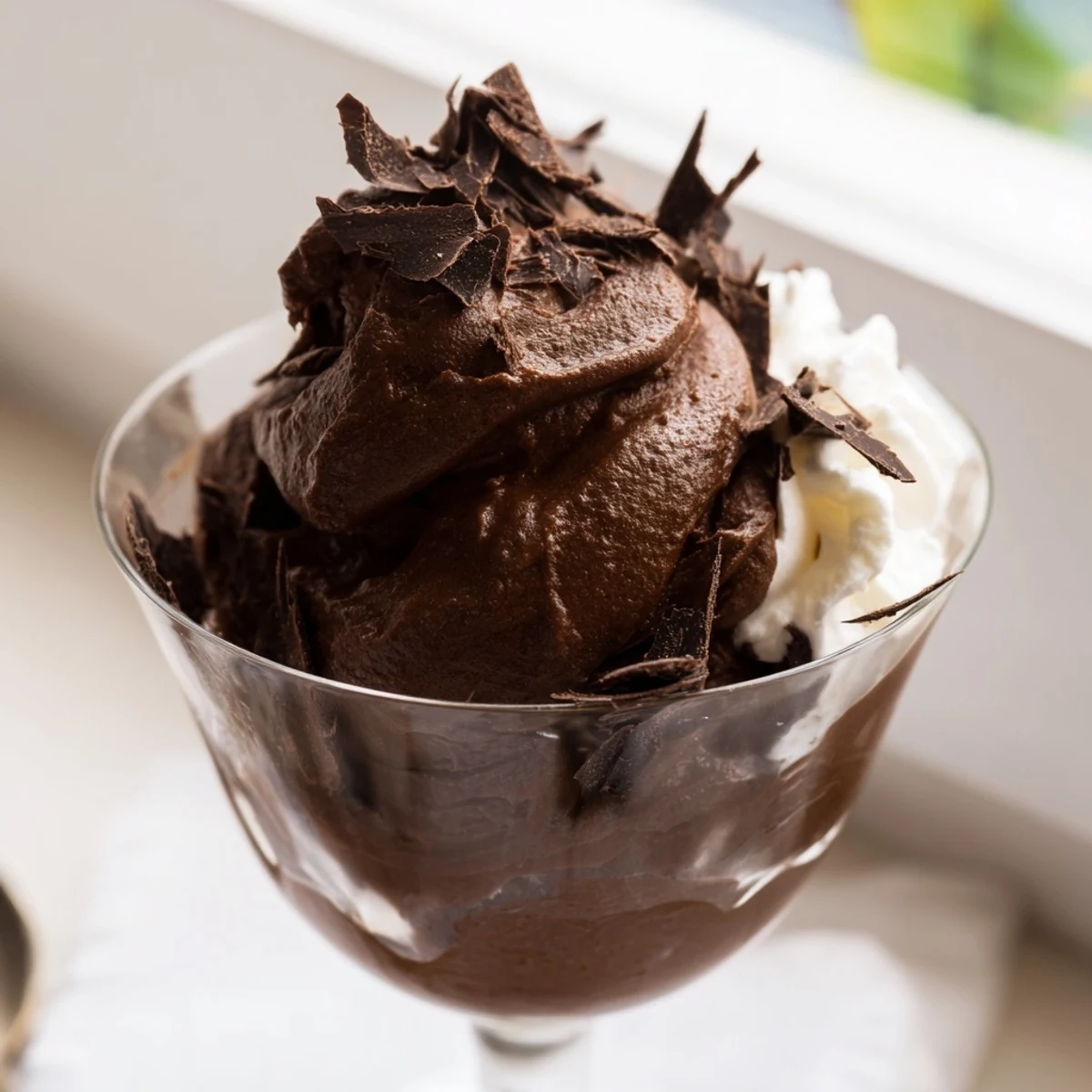 Creamy chocolate mousse served in elegant glasses topped with chocolate shavings