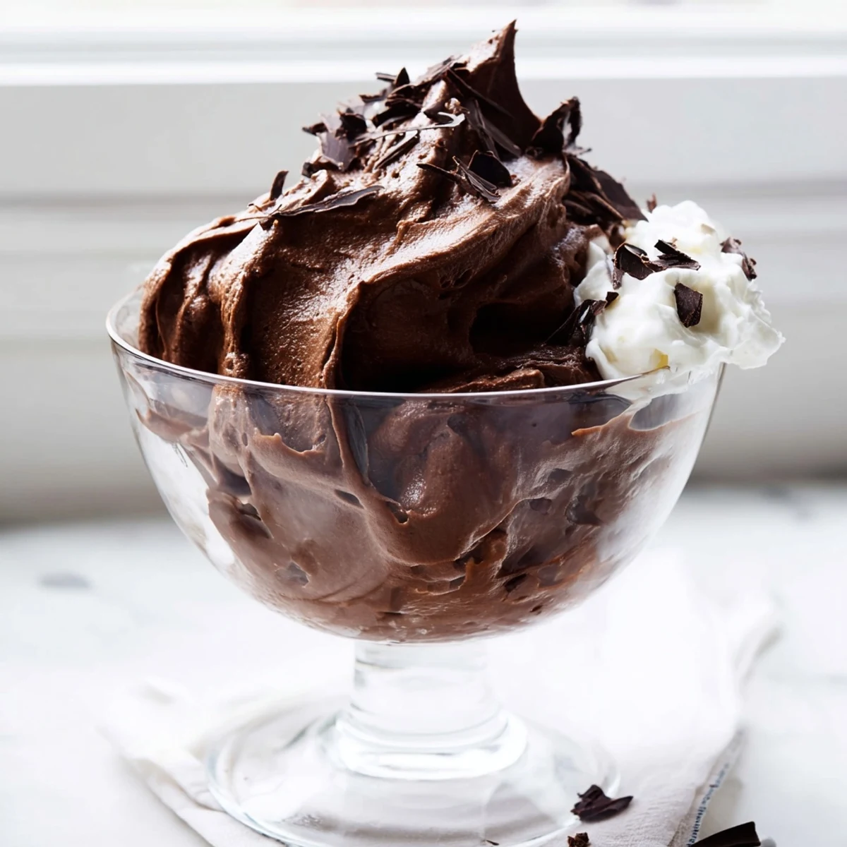 Rich dark chocolate mousse spooned into glass ramekins chilling before serving