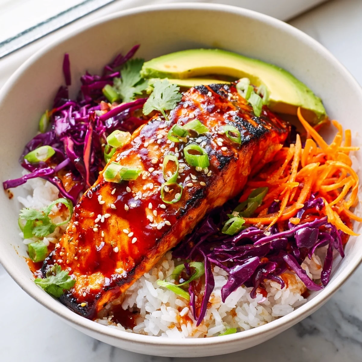 Glossy sriracha honey glazed salmon bowls with vibrant vegetables over steamed jasmine rice